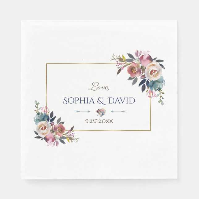 Servilleta De Papel Boda floral rosa azul turbio dorado (Anverso)