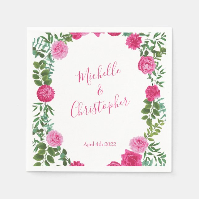 Servilleta De Papel Boda floral rosa brillante (Anverso)