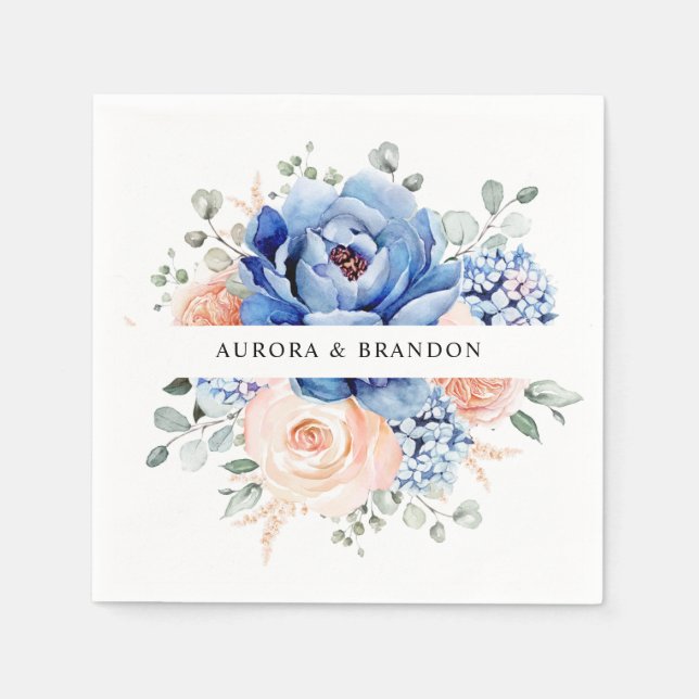 Servilleta De Papel Boda floral rosa Rubor con pizarra azul turbia (Anverso)