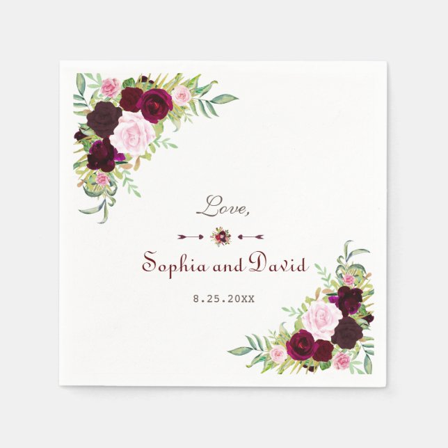 Servilleta De Papel Boda floral Royal Burgundy Marsala (Anverso)