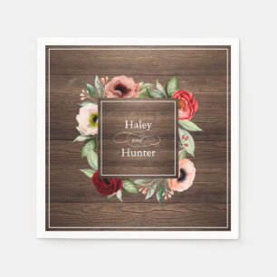 Servilleta De Papel Boda floral rustico de madera de grano con nombres