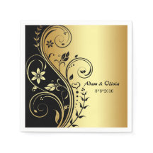 Boda Floral Scroll Black Gold Napkin