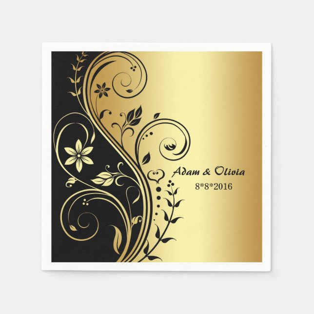 Servilleta De Papel Boda Floral Scroll Black Gold Napkin (Anverso)