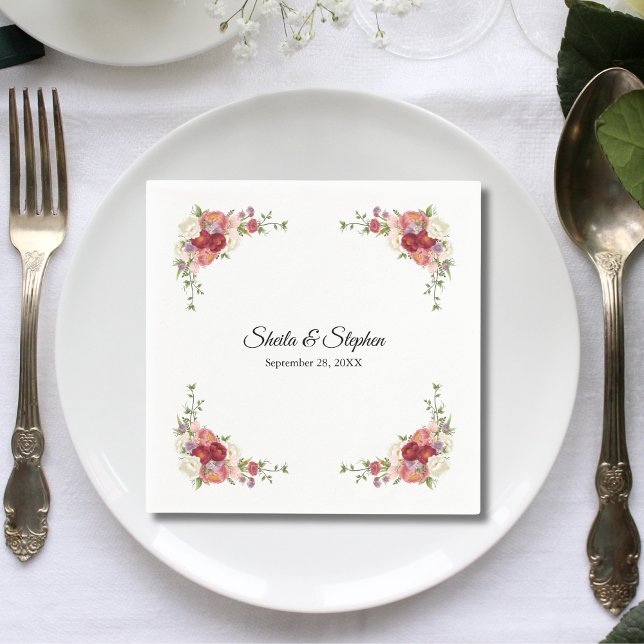 Servilleta De Papel Boda floral simple elegante blanca roja (Simple elegant white and red floral wedding napkins add romantic charm to your celebration tables)