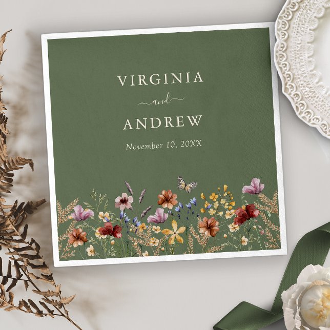 Servilleta De Papel Boda floral verde (Boho Sage Green Floral Wedding Napkins with Butterfly by Painted Paperie
)