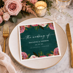 Servilleta De Papel Boda Floral Verde Azul Profundo Chic Blooming