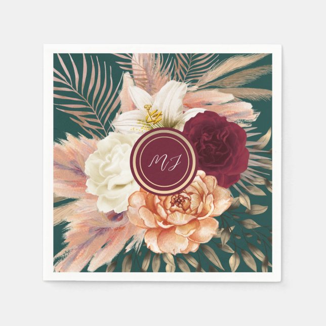 Servilleta De Papel Boda floral verde esmeralda (Anverso)