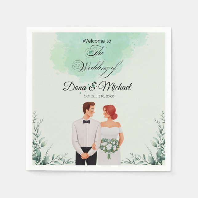 Servilleta De Papel Boda fluida con acuarela verde personalizada (Anverso)