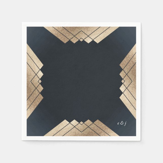 Servilleta De Papel Boda Gatsby de Oro de la Marina Oscura Geométrica (Anverso)