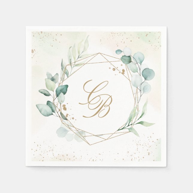 Servilleta De Papel Boda Geométrica de Monograma de Verde de Eucalipto (Anverso)
