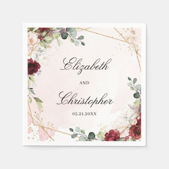 Servilleta De Papel Boda geométrico de oro floral de Boho blush burgun (Anverso)