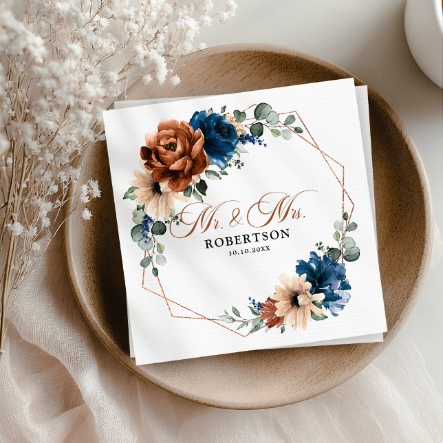 Servilleta De Papel Boda geométrico de Terracotta Navy Blue Greenery (Terracotta Navy Blue Greenery Geometric Wedding Mr. and Mrs.  Napkins)