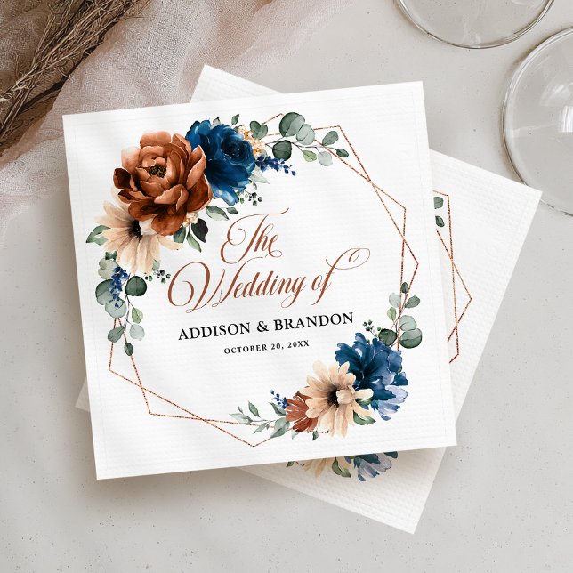 Servilleta De Papel Boda geométrico de Terracotta Navy Blue Greenery (Terracotta Navy Blue Greenery Geometric Wedding Napkins)