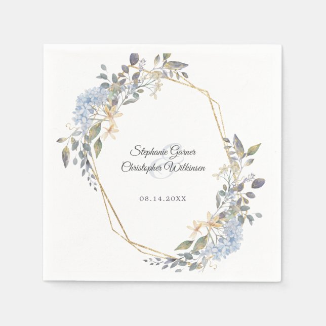 Servilleta De Papel Boda Geométrico Gold Dusty Blue Florals (Anverso)