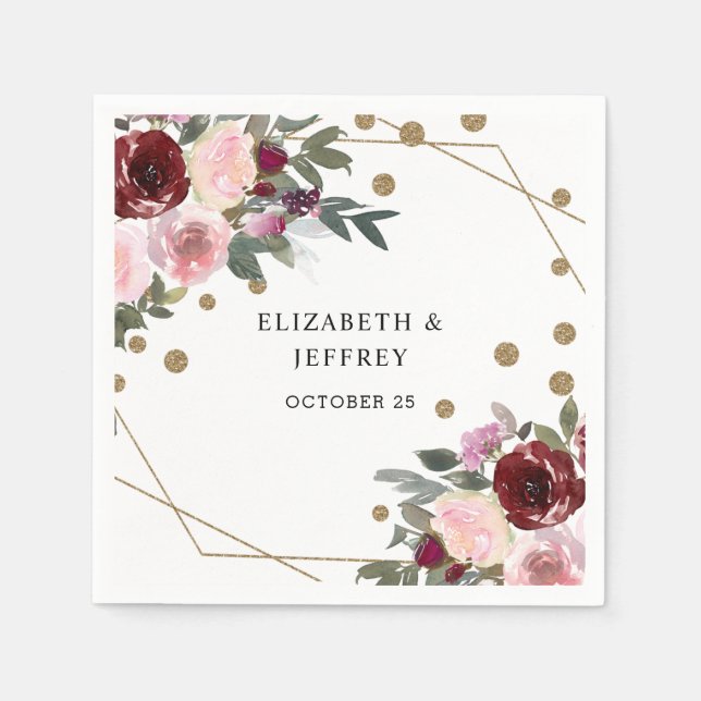 Servilleta De Papel Boda geométrico Purpurina de oro de borgoña floral (Anverso)