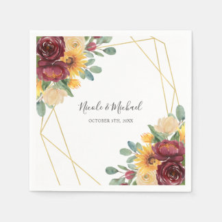 Servilleta De Papel Boda Geométrico Sunflower Burgundy Floral Gold
