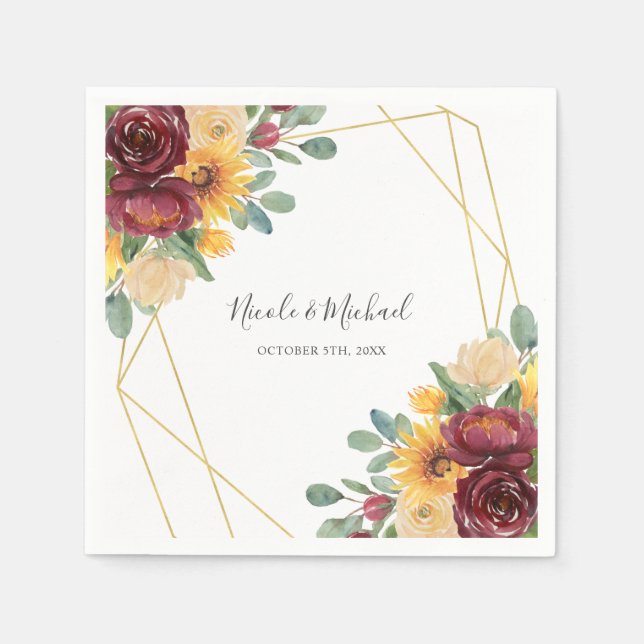Servilleta De Papel Boda Geométrico Sunflower Burgundy Floral Gold (Anverso)