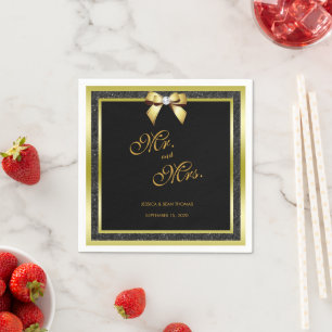Servilleta De Papel Boda Glamurosa con Lazo Dorado y Brillo Negro