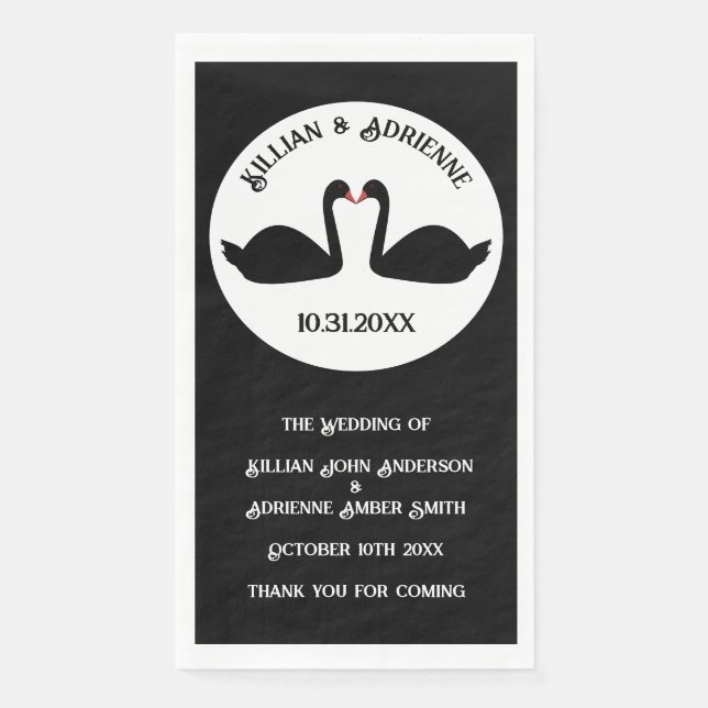 Servilleta De Papel Boda Gótica Cisnes Negros Besándose Personalizado (Anverso)