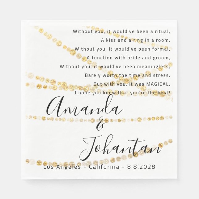 Servilleta De Papel Boda Gracias Poem Gold Lights Confetti Simplemente (Anverso)