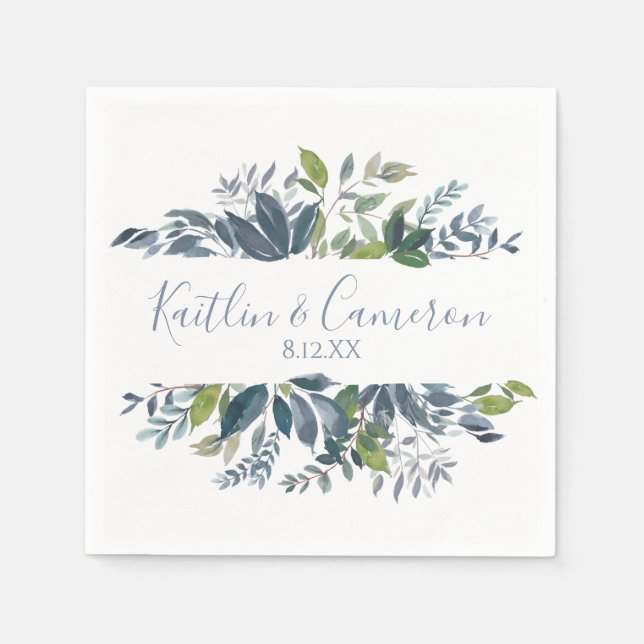 Servilleta De Papel Boda Greenery Napkins | Tipografía (azul turbio) (Anverso)