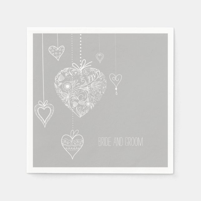 Servilleta De Papel Boda Gris White Romantic Hearts (Anverso)