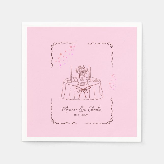 Servilleta De Papel Boda Ilustrada Caprichosa Rosa (Anverso)