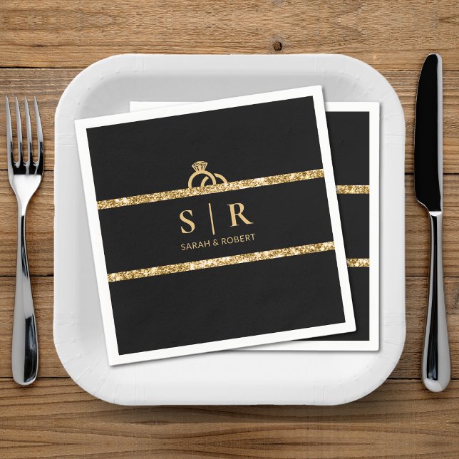 Servilleta De Papel Boda inicial del monograma de Purpurina negro y do (Black & Gold Glitter Monogram Initial Wedding Napkins)