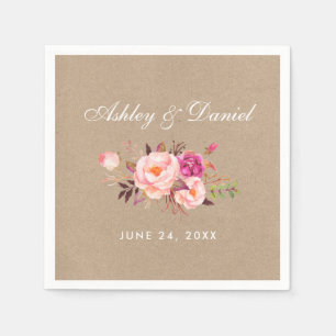 Servilleta De Papel Boda Kraft Floral Acuarela Rosa Rubor