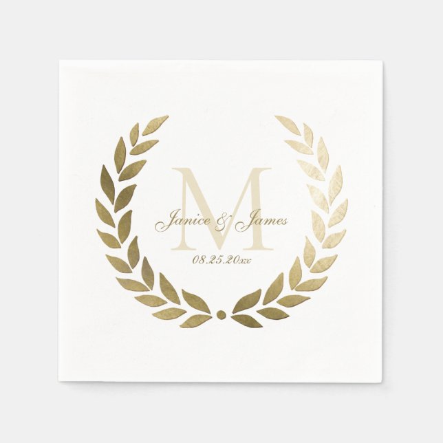 Servilleta De Papel Boda Laurel Wreath Monogramado Blanco (Anverso)