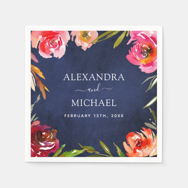 Servilleta De Papel Boda Marina Floral Azul Floral Elegante acuarela (Anverso)