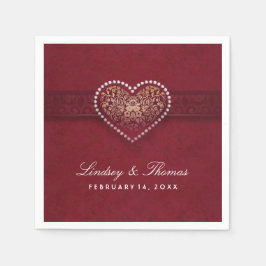 Servilleta De Papel Boda Maroon Red Gold & White Floral Heart