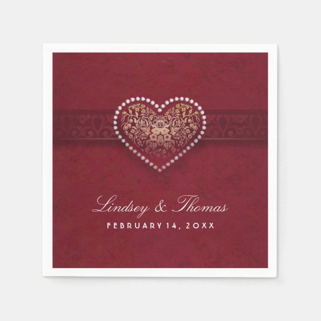 Servilleta De Papel Boda Maroon Red Gold & White Floral Heart (Anverso)