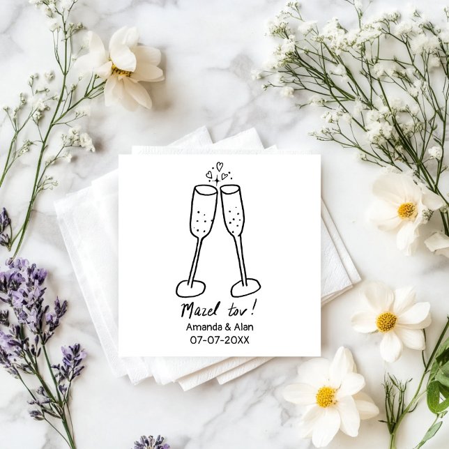 Servilleta De Papel Boda Mazel Tov Champagne Brindis Boceto Personaliz (Mazel Tov Jewish Wedding Champagne Cheers Sketch CUSTOM Napkins
)