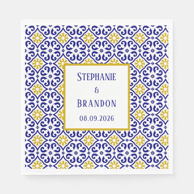 Servilleta De Papel Boda mediterráneo azul de azulejos portugueses (Anverso)
