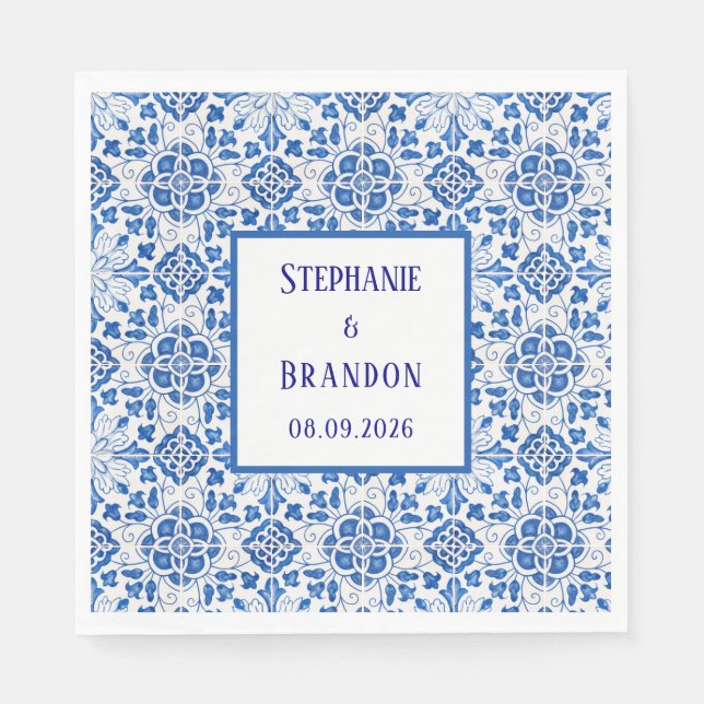 Servilleta De Papel Boda mediterráneo azul de azulejos portugueses (Anverso)