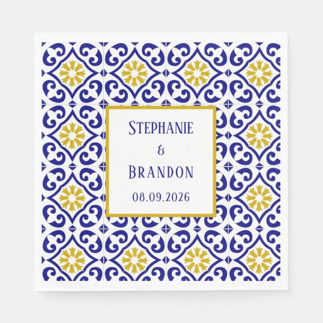 Servilleta De Papel Boda mediterráneo azul de azulejos portugueses (Anverso)