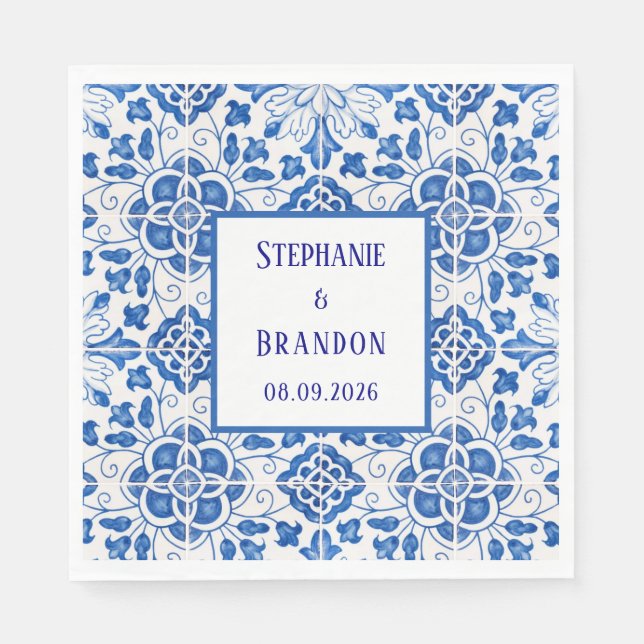Servilleta De Papel Boda mediterráneo azul de azulejos portugueses (Anverso)