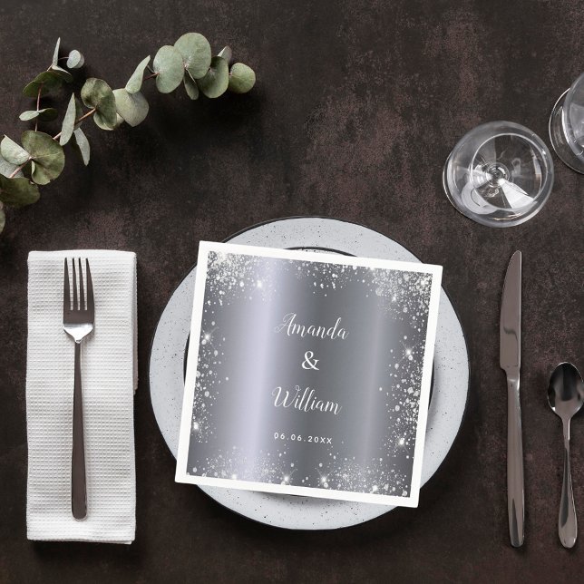 Servilleta De Papel Boda metalizado en monograma de purpurina plateado (Subido por el creador)