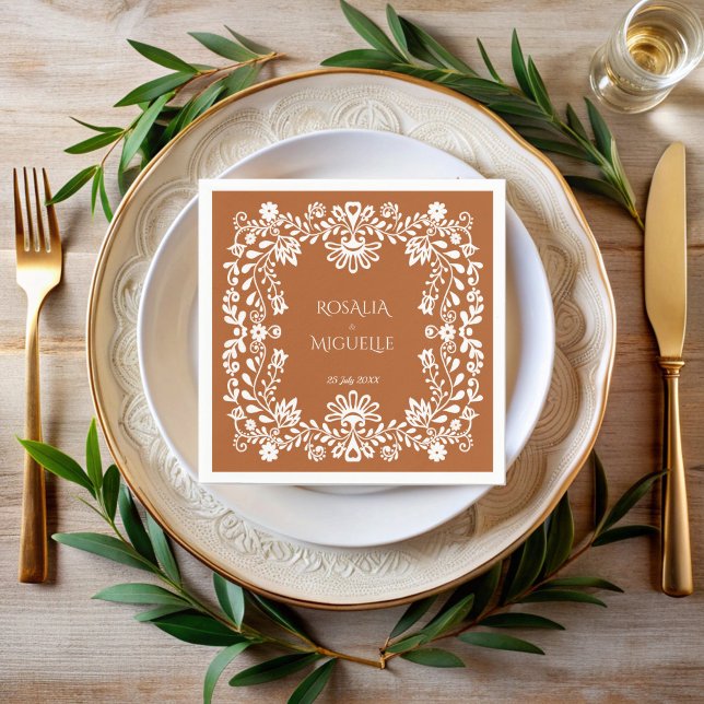 Servilleta De Papel Boda mexicana Talavera terracotta monogramado (Talavera terracotta Mexican wedding monogrammed printed Napkins personalized talavera table decor )