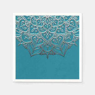 Servilleta De Papel Boda minimalista elegante mandala teal y plata