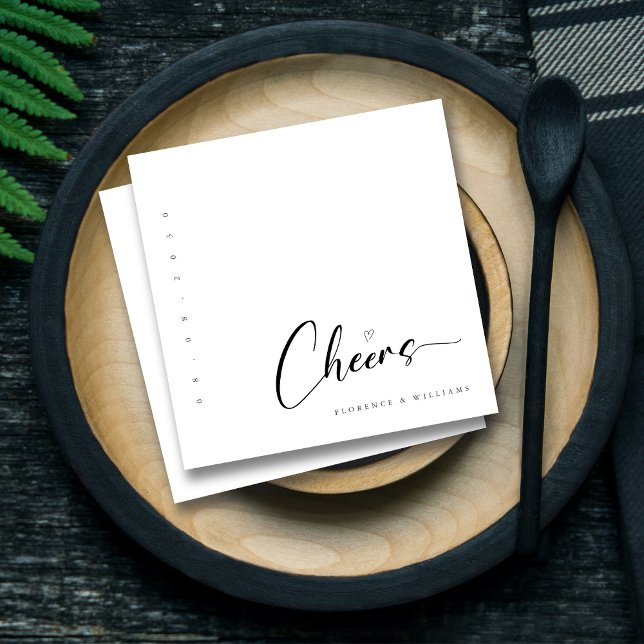 Servilleta De Papel Boda Minimalista Moderno de Cheers en Blanco y Neg (Personalized Hand-Lettered Black and White Wedding Napkins)