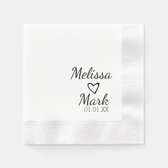 Servilleta De Papel Boda Minimalista Monograma Blanco Corazón Negro Si (Anverso)