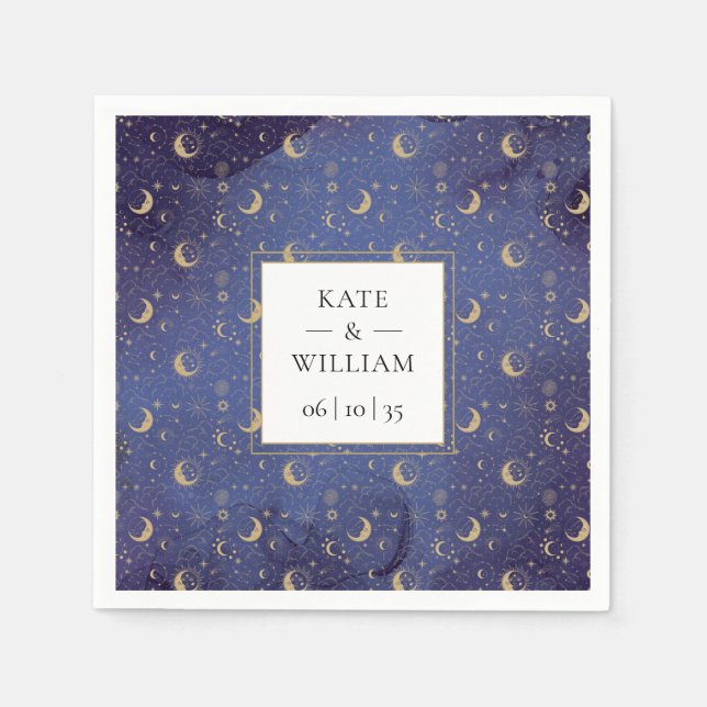 Servilleta De Papel Boda Mística Celestial de Oro Lunas y Estrellas (Anverso)