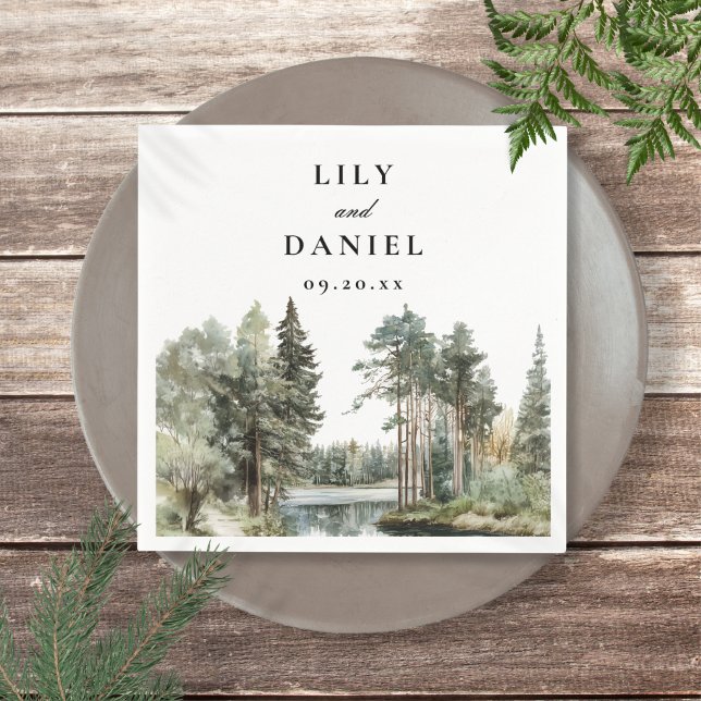 Servilleta De Papel Boda moderna con acuarela de bosque de lago (Modern Watercolor Lake Forest Woodland Wedding Napkins)