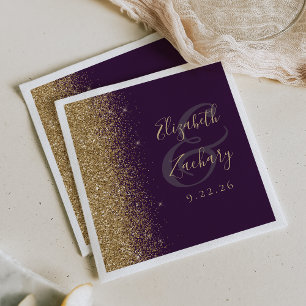 Servilleta De Papel Boda moderna con brillo dorado y púrpura oscuro