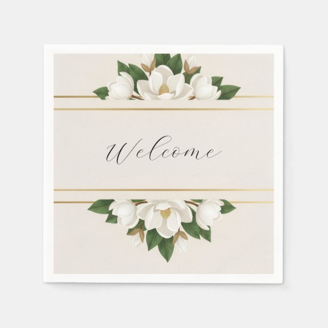 Servilleta De Papel Boda Moderna de Lujo con Magnolias Blancas (Anverso)