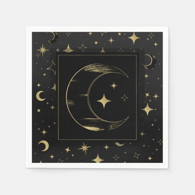 Servilleta De Papel Boda moderna de luna y estrellas celestes negras y (Anverso)