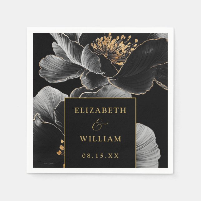 Servilleta De Papel Boda Moderno De Flores Negra Y Oro Elegante (Anverso)