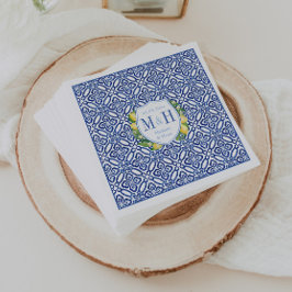 Servilleta De Papel Boda Monograma Amalfi Lemons Blue Tile